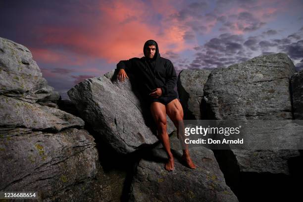 Chris Kavvalos poses during an early morning photo shoot at Little Bay on May 31, 2020 in Sydney, Australia. IFBB body builder Chris Kavvalos has...