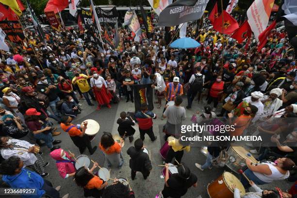 People take part in a demonstration against racism on Black Consciousness Day in Sao Paulo, Brazil, on November 20, 2021.
