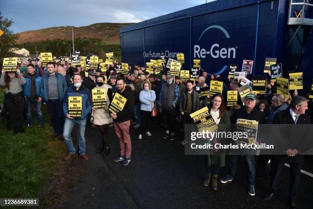 Young boy holds a Back Off Boris placard as Border Communities against Brexit protestors take part in a demonstration on November 20, 2021 in Newry,...