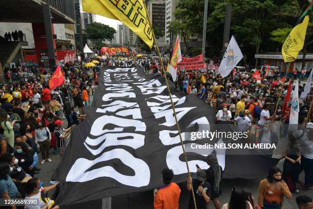 People take part in a demonstration against racism on Black Consciousness Day in Sao Paulo, Brazil, on November 20, 2021.