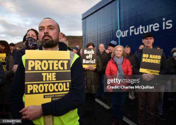 Border Communities against Brexit protestors take part in a demonstration on November 20, 2021 in Newry, Northern Ireland. Protestors are taking part...