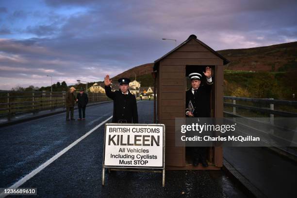 Border Communities against Brexit protestors dressed as customs officials man an unofficial border checkpoint on the Irish border as they take part...