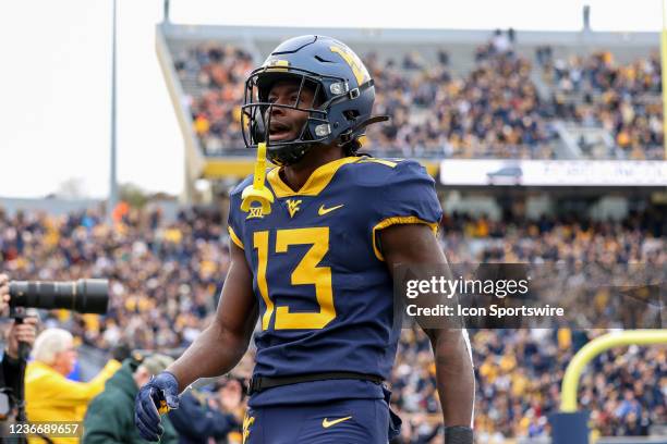 West Virginia Mountaineers wide receiver Sam James celebrates a touchdown during a game between the West Virginia University Mountaineers and the...