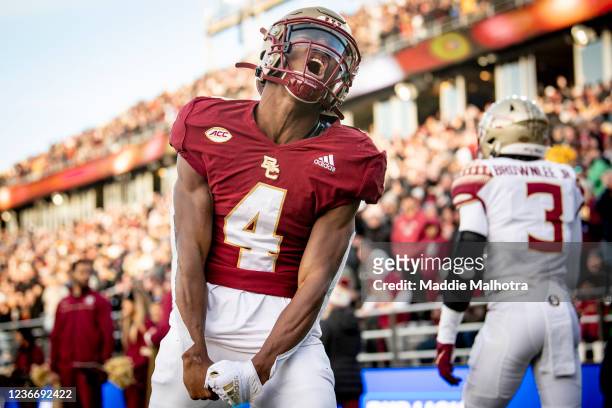 Zay Flowers of the Boston College Eagles reacts after scoring a touchdown during the third quarter against the Florida State Seminoles at Alumni...