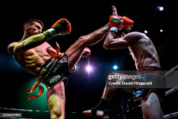 Dublin , Ireland - 20 November 2021; Jonathan Haggerty, left, and Arthur Meyer competing in their ISKA Muay Thai Lightweight World Title bout during...