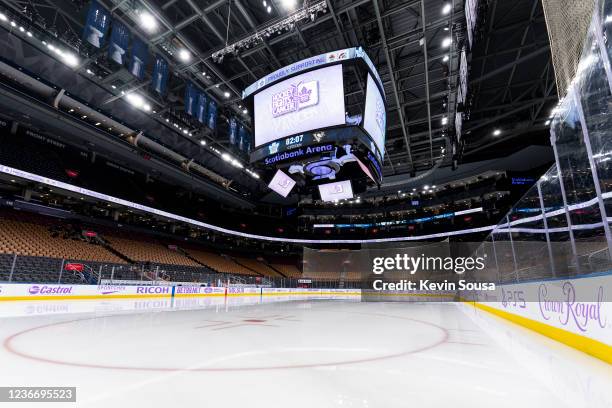 General overview of the ice and lavender signage before the Toronto Maple Leafs face the Pittsburgh Penguins at the Scotiabank Arena on November 20,...