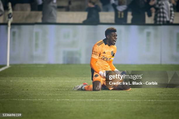 Andre Blake of Philadelphia Union celebrates the win at the end of the 2021 Audi MLS Cup Playoff match against the New York Red Bulls at Subaru Park...