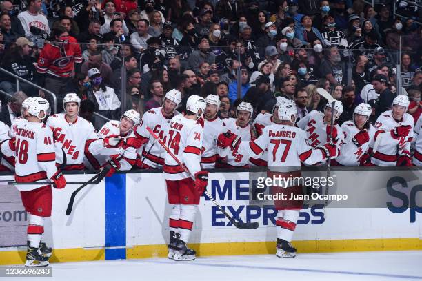 Tony DeAngelo of the Carolina Hurricanes celebrates his goal with teammates during the second period against the Los Angeles Kings at STAPLES Center...