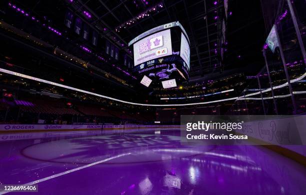 Views from ice level of the video board with Hockey Fights Cancer signage before the Toronto Maple Leafs face the Pittsburgh Penguins at the...