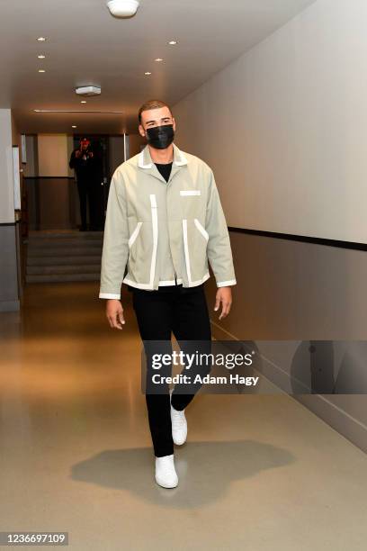 Timothe Luwawu-Cabarrot of the Atlanta Hawks arrives to the arena before the game against the Charlotte Hornets on November 20, 2021 at State Farm...