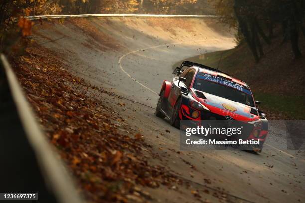 Thierry Neuville of Belgium and Martijn Wydaeghe of Belgium compete with their Hyundai Shell Mobis WRT Hyundai i20 Coupe WRC during Day Two of the...