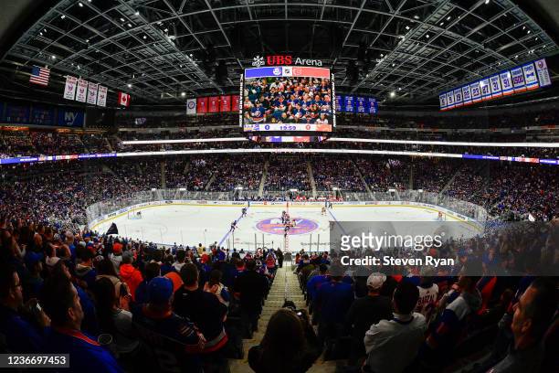 View of the opening face-off between the New York Islanders and the Calgary Flames during the first period at UBS Arena on November 20, 2021 in...
