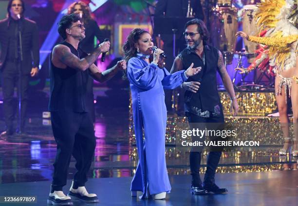 Cuban singer-songwriter Gloria Estefan, Argentine singer Diego Torres and Puerto Rican singer Pedro Capo perform on stage during the 22nd Annual...