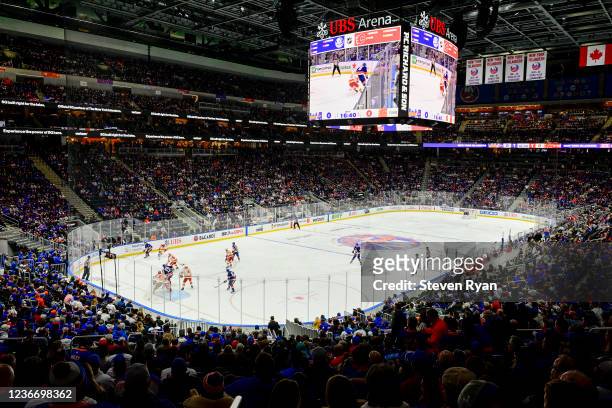 View of UBS Arena during the first period between the New York Islanders and the Calgary Flames on November 20, 2021 in Elmont, New York. The game is...