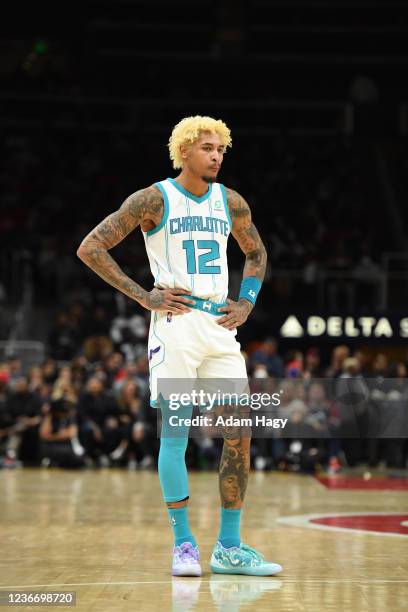 Kelly Oubre Jr. #12 of the Charlotte Hornets looks on during the game against the Atlanta Hawks on November 20, 2021 at State Farm Arena in Atlanta,...