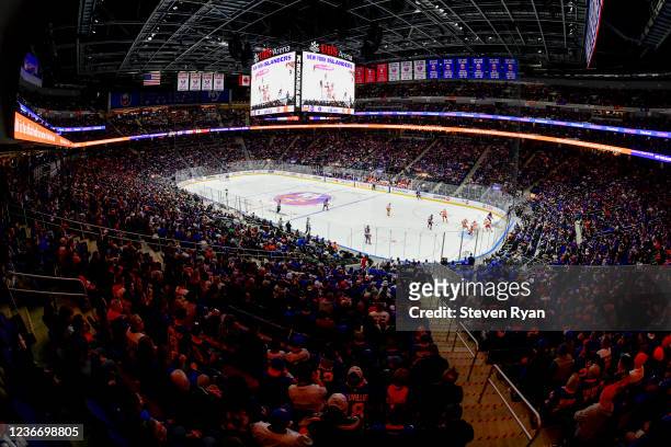 View of UBS Arena during the first period between the New York Islanders and the Calgary Flames on November 20, 2021 in Elmont, New York. The game is...