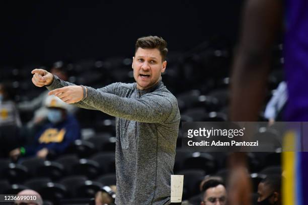 Head Coach Grant Gibbs of the Oklahoma City Blue speaks to his team during the game against the South Bay Lakers on November 20, 2021 at UCLA Heath...