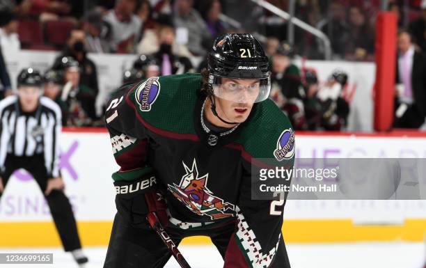 Loui Eriksson of the Arizona Coyotes watches a faceoff against the Detroit Red Wings during the second period at Gila River Arena on November 20,...