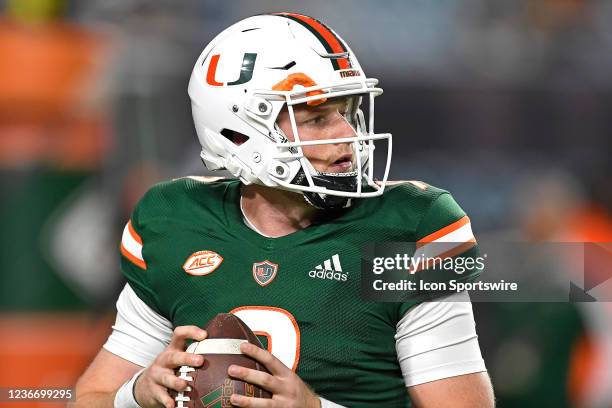 Miami quarterback Tyler Van Dyke warms up prior to the game as the University of Miami Hurricanes faced the Virginia Tech Hokies on November 20 at...