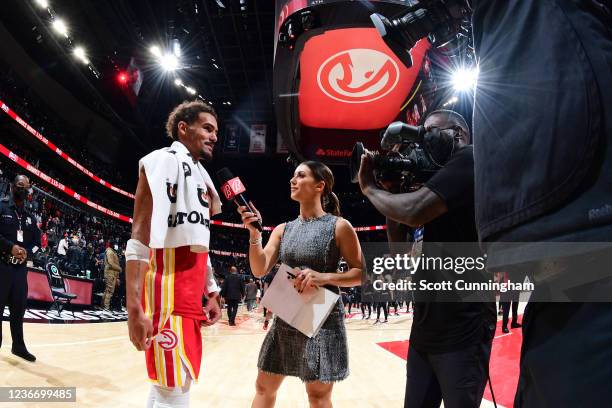 Trae Young of the Atlanta Hawks interviews after the game against the Charlotte Hornets on November 20, 2021 at State Farm Arena in Atlanta, Georgia....