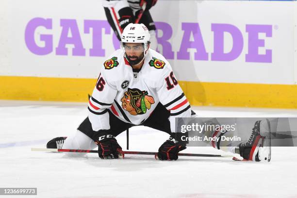 Jujhar Khaira of the Chicago Blackhawks warms up prior to the game against the Edmonton Oilers on November 20, 2021 at Rogers Place in Edmonton,...