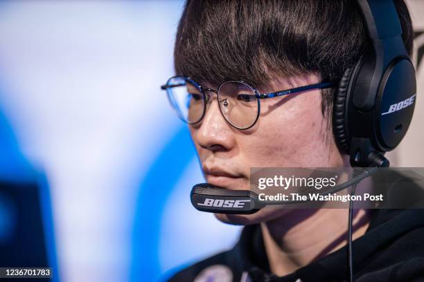 S Lee "Faker" Sang-hyeok competes at the League of Legends World Championship Groups Stage on October 16, 2021 in Reykjavik, Iceland.