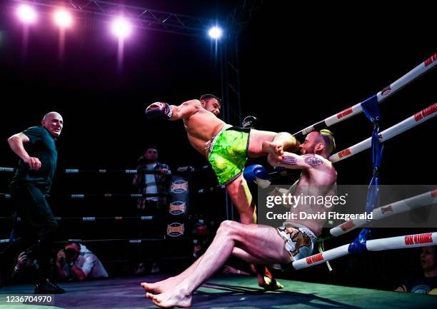 Dublin , Ireland - 20 November 2021; Alex Akimov, left, and Wayne Grant during their ISKA European Middleweight Title bout at Capital 1 Dublin in the...