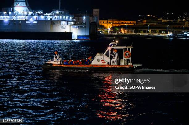 Migrants on a patrol boat arrive in Messina. Médecins Sans Frontières s rescue boat Geo Barents arrived in Messina with nearly 180 migrants, mostly...