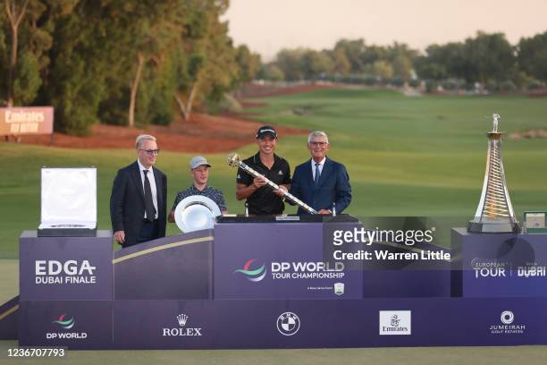 Keith Pelley, Chief Executive of the European Tour, Brendan Lawlor of Ireland, winner of The Edga Dubai Final, Collin Morikawa of United State and...