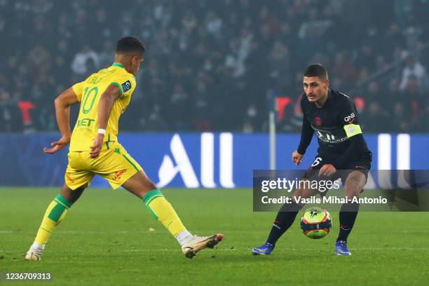 Marco Verrati of PSG passes the ball during the Ligue 1 Uber Eats match between Paris Saint Germain and FC Nantes at Parc des Princes on November 20,...