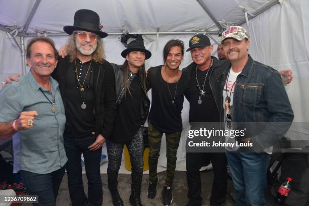 Charlie Pennachio of Linear ; Julio Iglesias Jr. Big Kenny and John Rich of Big & Rich pose for picture backstage during 2021 "I Love The 80's Music...