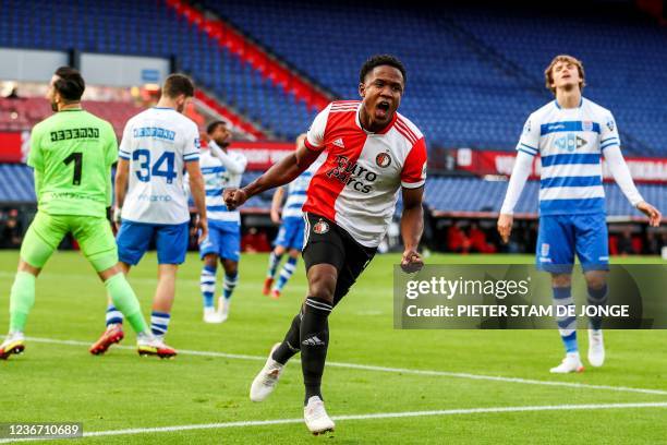 Feyenoord's Luis Sinisterra celebrates scoring his team's second goal during the Dutch Eredivisie football match between Feyenoord and PEC Zwolle at...