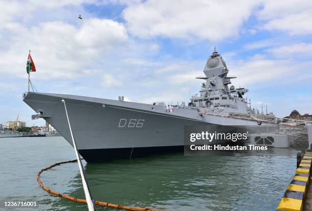 Naval commissioning ceremony of INS Visakhapatnam which is the first stealth-guided missile destroyer ship of Project 15B in Naval Dockyard, on...