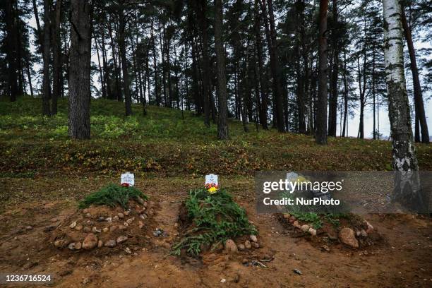 Thrre graves of the Middle East victims of the migration crisis that was buried on Muslim cemetery in Bohoniki, Poland in last weeks. Bohoniki,...