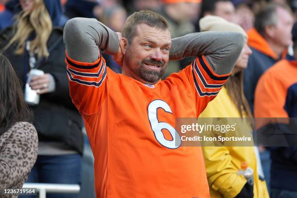 Chicago Bears fan reacts in disappointment during a game between the Chicago Bears and the Baltimore Ravens on November 21, 2021 at Soldier Field, in...