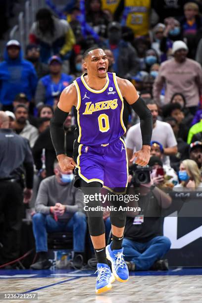 Russell Westbrook of the Los Angeles Lakers reacts after dunking the ball against the Detroit Pistons during the fourth quarter of the game at Little...