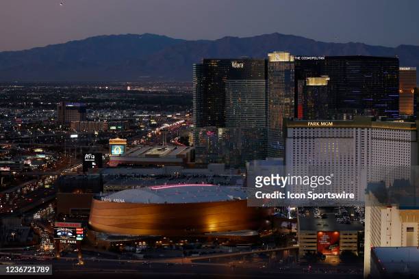 Las Vegas, NV A wide angle generic view of T-Mobile Arena and the Las Vegas strip skyline taken before the Michigan Wolverines play against the...