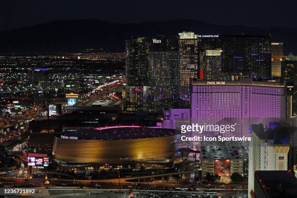 Las Vegas, NV A wide angle generic view of T-Mobile Arena and the Las Vegas strip skyline taken before the Michigan Wolverines play against the...