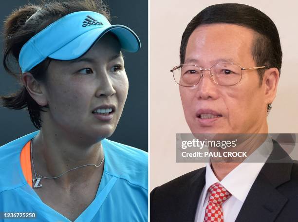 This combination of file photos shows tennis player Peng Shuai of China during her women's singles first round match at the Australian Open tennis...