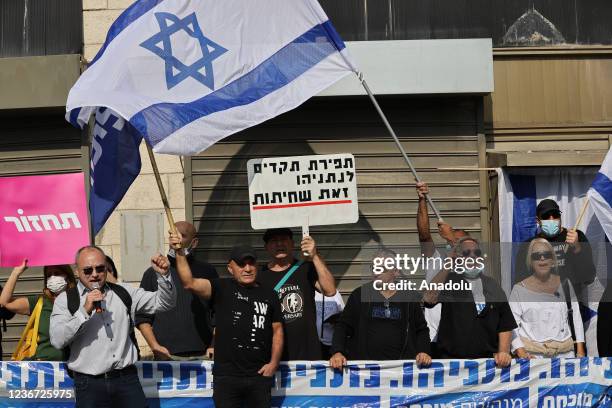 Group of supporters of Netanyahu gather for a demonstration near the District Court as Former Israeli Prime Minister Benjamin Netanyahu is in his...