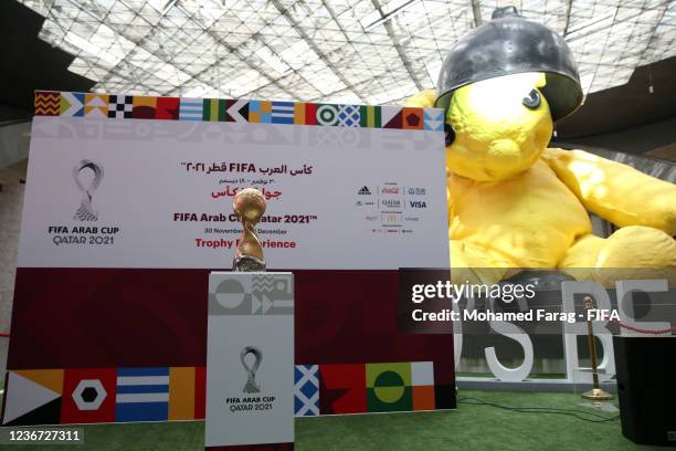 The FIFA Arab Cup Trophy is displayed during Day 1 of the FIFA Arab Cup Trophy Experience on November 22, 2021 in Hamad International Airport, Doha,...
