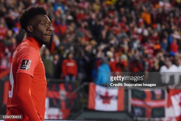 Alphonso Davies of Canada during the World Cup Qualifier match between Canada v Costa Rica at the Commonwealth Stadium on November 12, 2021 in...