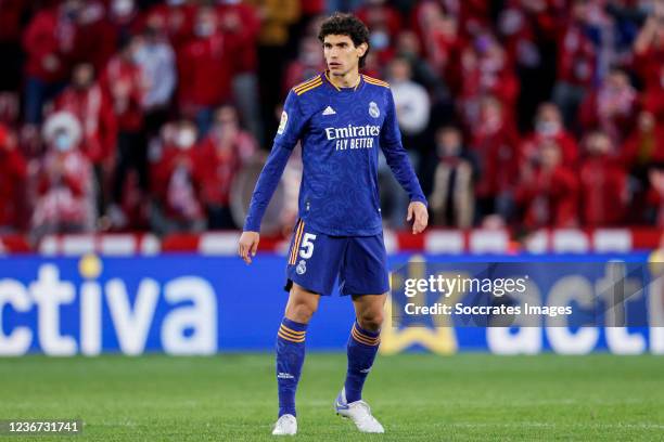 Jesus Vallejo of Real Madrid during the La Liga Santander match between Granada v Real Madrid at the Estadio Nuevo Los Carmenes on November 21, 2021...