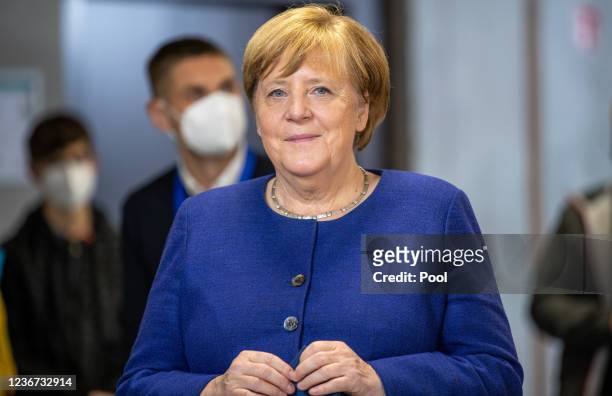 Acting German Chancellor Angela Merkel visits the TUMO Learning Center on November 22, 2021 in Berlin, Germany. TUMO is a new learning center for...
