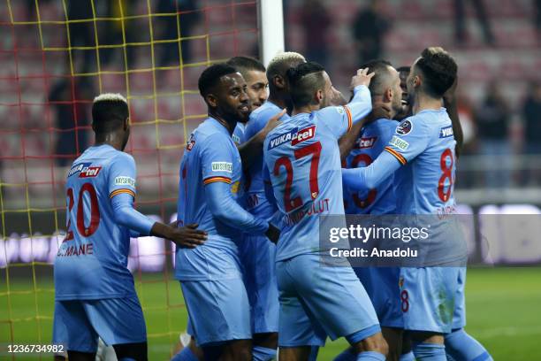 Kayserispor's Ilhan Parlak celebrates a goal during the Turkish Super Lig match between Yukatel Kayserispor and Goztepe at Kadir Has Stadium in...