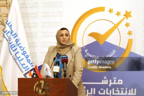 Leila ben Khalifa, the first woman candidate for Libyan presidency, speaks to media after her application of candidacy at National High Electoral...