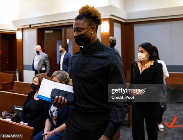 Former Las Vegas Raiders player Henry Ruggs III appears in court at the Regional Justice Center on November 22, 2021 in Las Vegas, Nevada. Ruggs has...