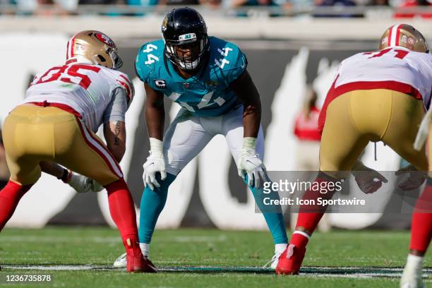 Jacksonville Jaguars linebacker Myles Jack during the game between the San Francisco 49ers and the Jacksonville Jaguars on November 21, 2021 at TIAA...