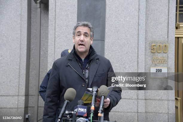 Michael Cohen, former personal lawyer to U.S. President Donald Trump, speaks during a news conference outside federal court in New York, U.S., on...