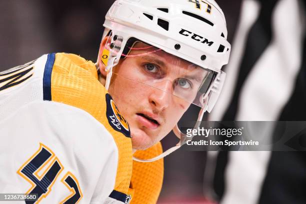 Wearing a NHL fights cancer jersey at warm-up before the Nashville Predators versus the Montreal Canadiens game on November 20 at Bell Centre in...